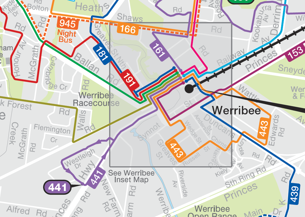 Map from PTV showing bus routes around Werribee Station