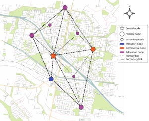 Diagram showing a map of Narre Warren area with nodes linked by lines showing possible travel demand between key trip generators