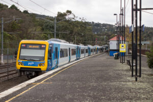Photo of an Xtrapolis train leaving Upper Ferntree Gully Station in Melbourne, Australia