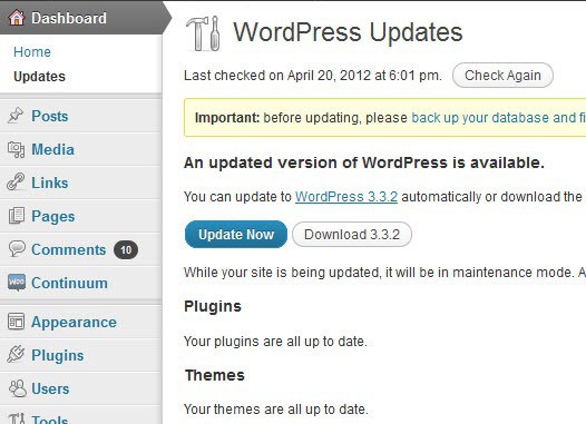 Screenshot of a dashboard of WordPress running Version 3.3.2