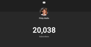 Screenshot of the Philip Mallis YouTube channel showing 20,038 subscribers on a counter
