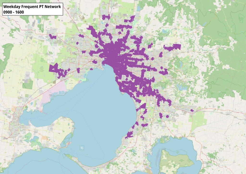 A map showing the distribution of frequent public transport service in Melbourne during weekday interpeak times