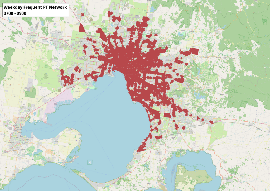 A map showing the distribution of frequent public transport service in Melbourne during weekday morning peak times