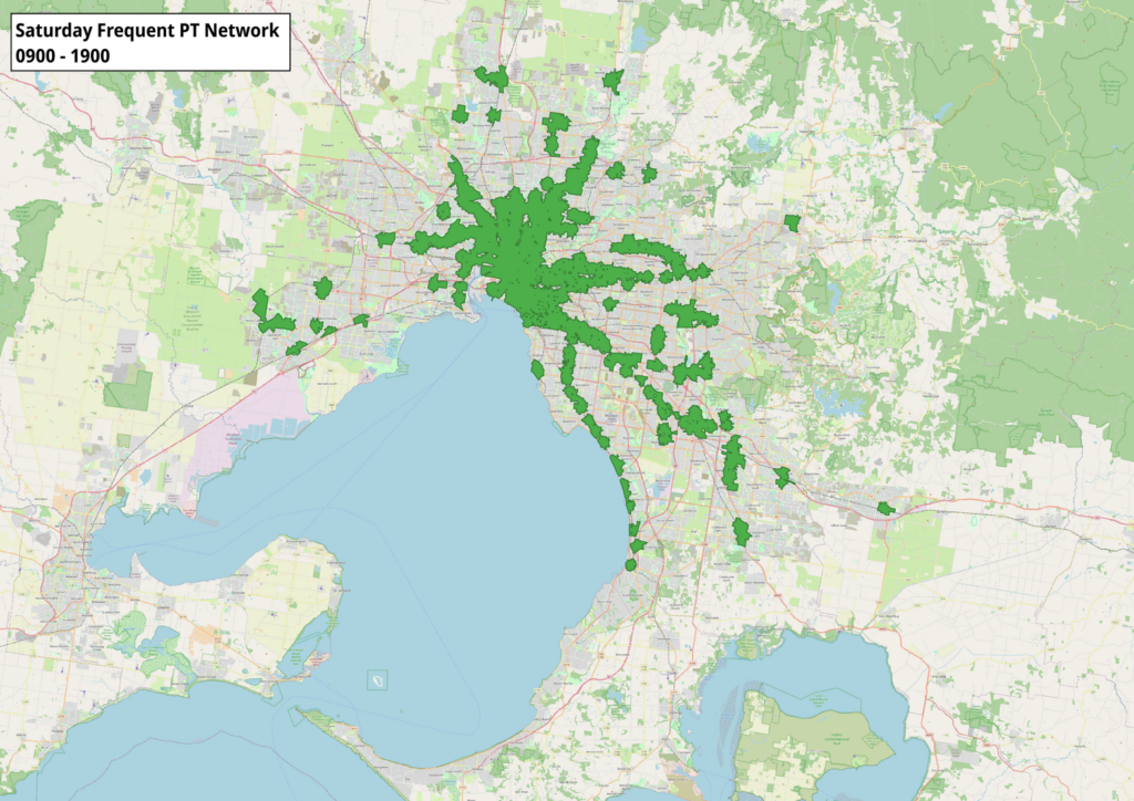 A map showing the distribution of frequent public transport service in Melbourne during Saturday daytime services 0900 - 1900