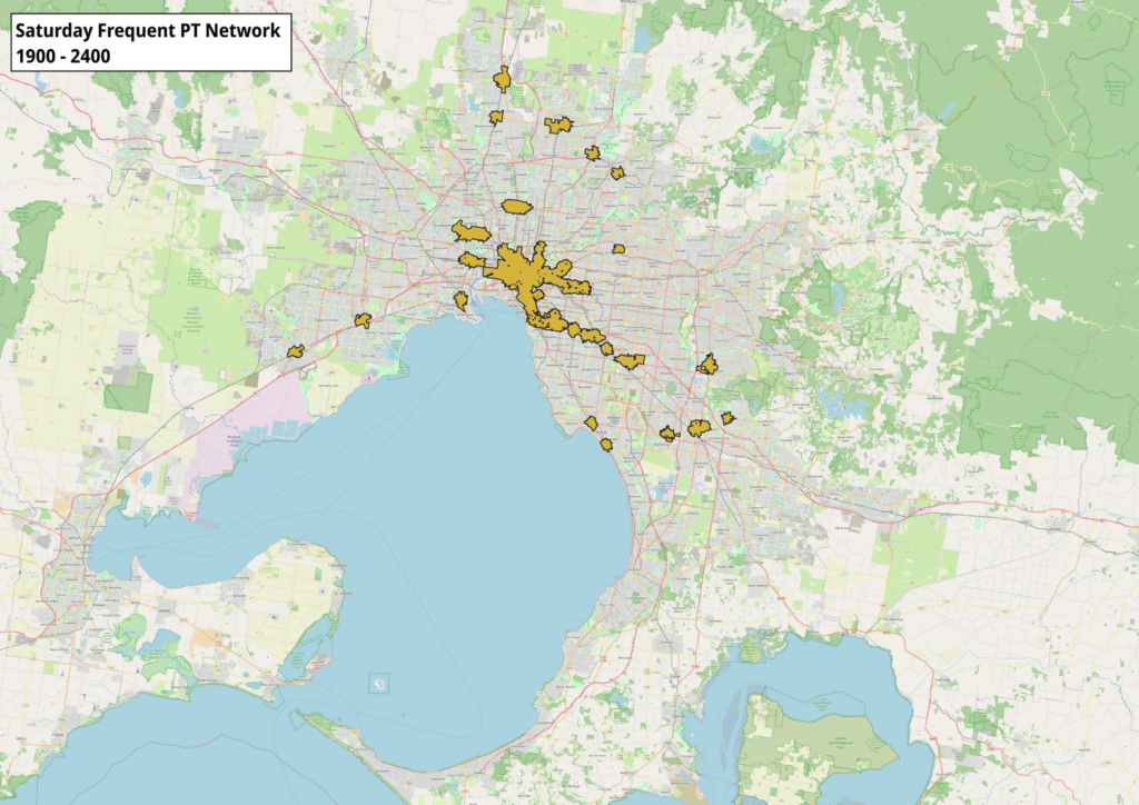 A map showing the distribution of frequent public transport service in Melbourne during Saturday evenings 1900 - 2400