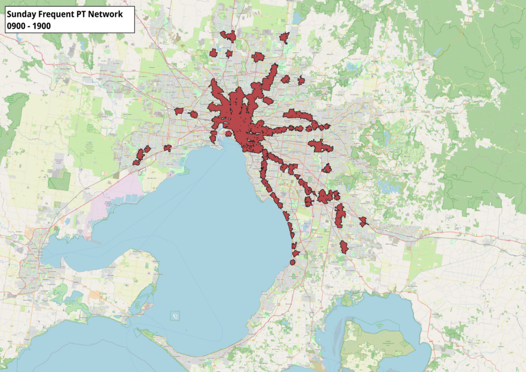 A map showing the distribution of frequent public transport service in Melbourne during Sunday daytime services 0900 - 1900