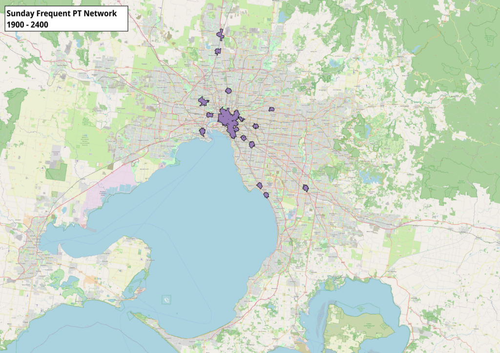 A map showing the distribution of frequent public transport service in Melbourne during Sunday evenings 1900 - 2400