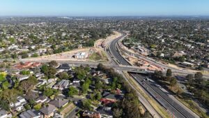 Drone aerial photo of the Eastern Freeway at Doncaster Road showing major construction works for the North East Link